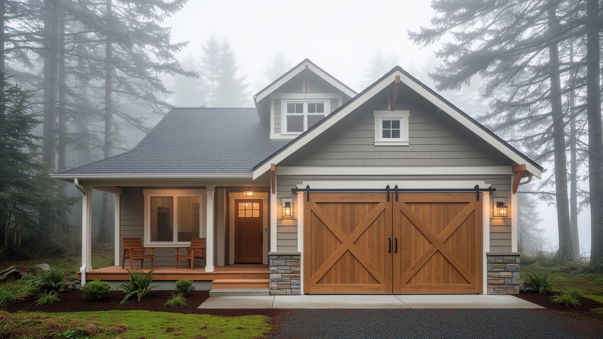 Professional craftsman bungalow with farmhouse barn-style garage doors in Yachats, Oregon